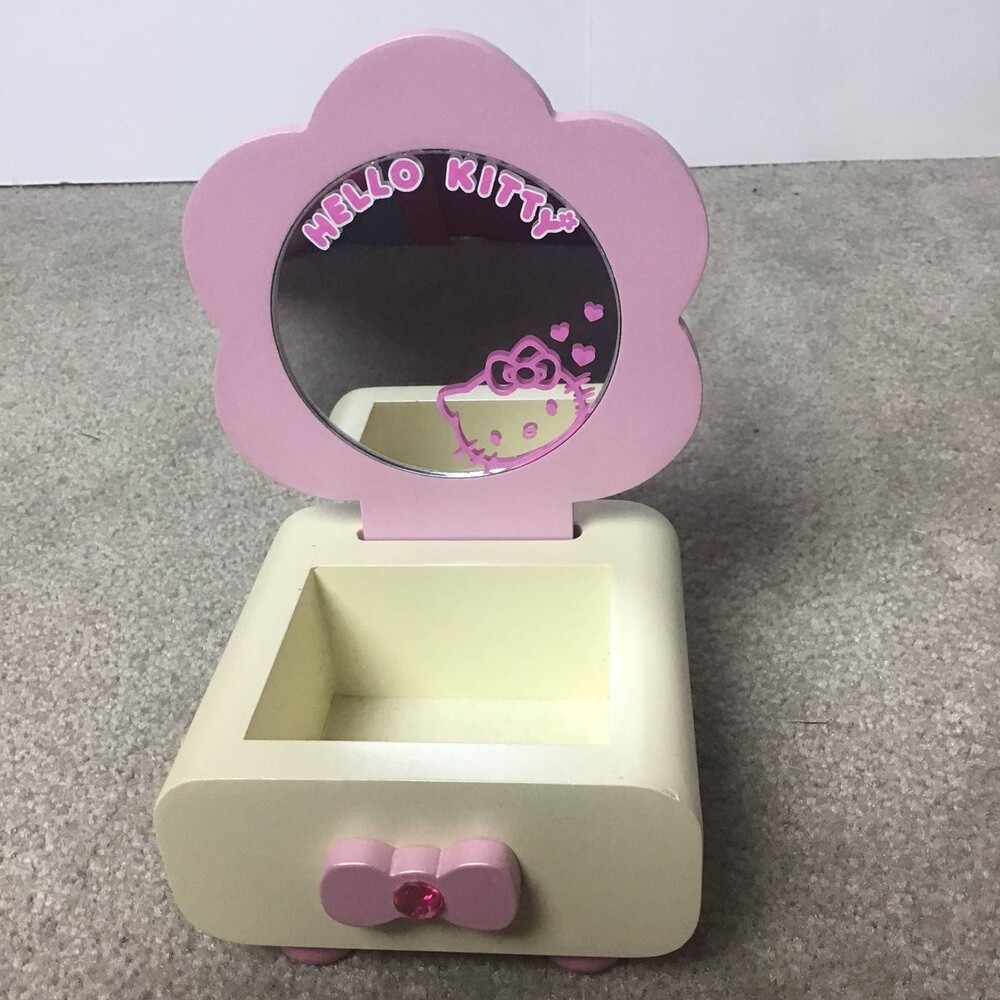 Vintage 2005 Sanrio Hello Kitty Wood Jewelry Box Mirror Rhinestone Y2K RARE